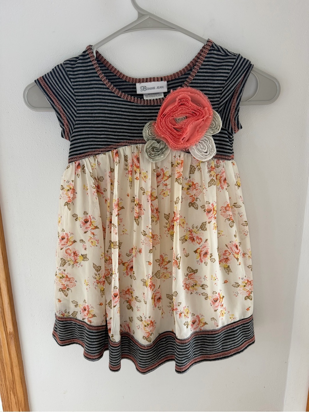Bonnie Jean Navy Striped & Cream Floral Dress with Coral Flower